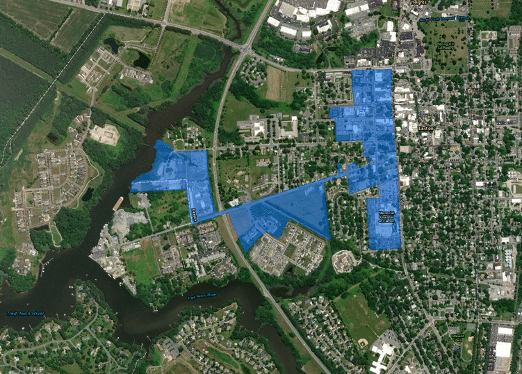 Satellite image with blue overly denoting boundary