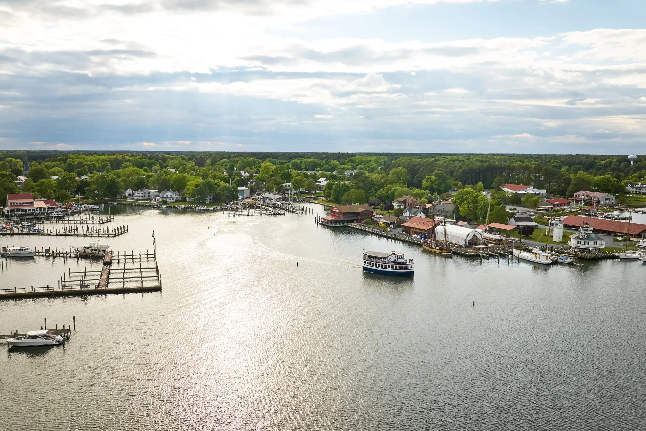 An aerial view of the ferry at the marina