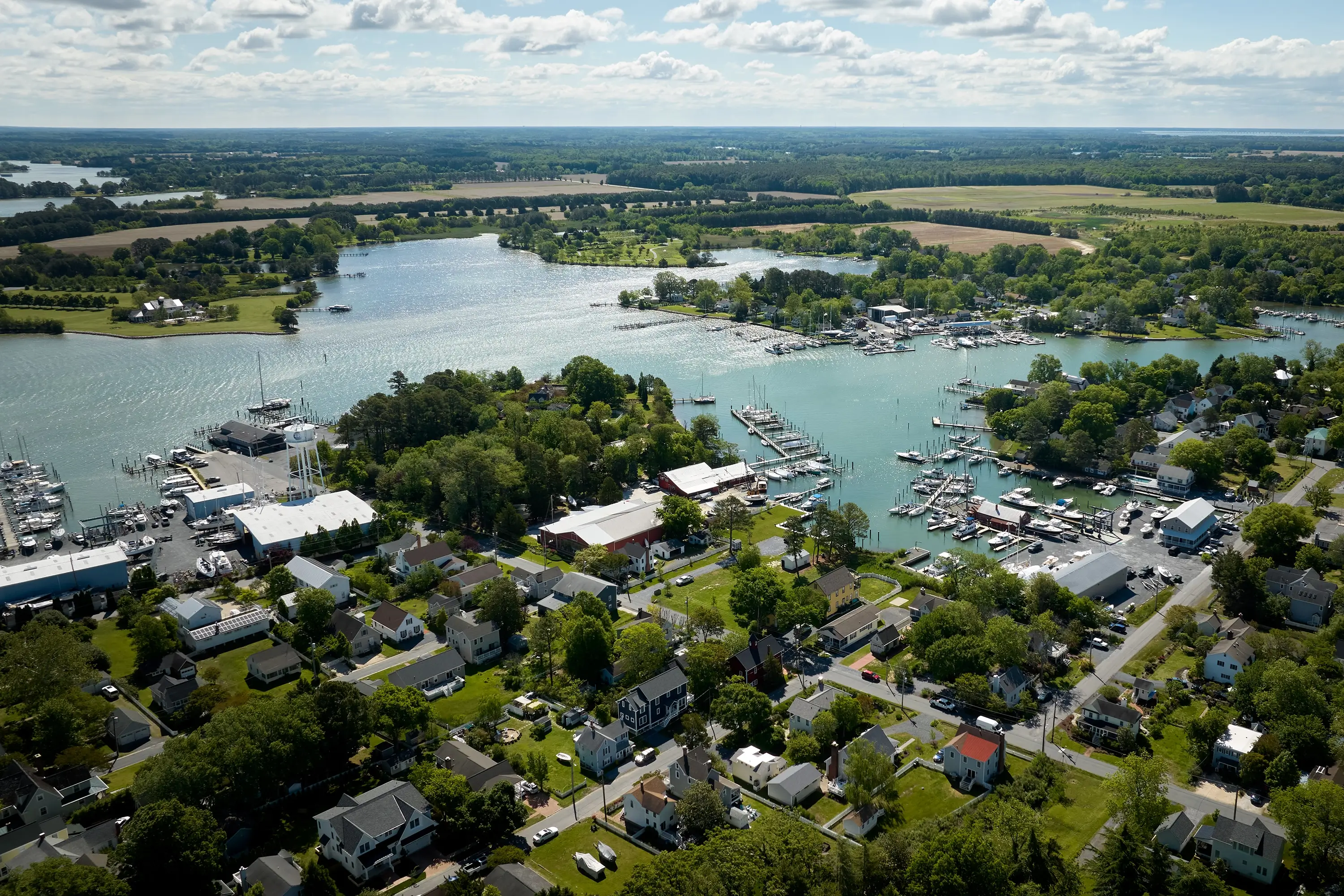 An aerial view of the town next to the sound